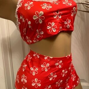 Vintage Rockabilly Red Floral Eyelet Two-Piece Exotic Dancer Set